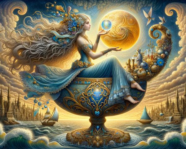 Serene Woman on Ornate Vessel with Glowing Orb