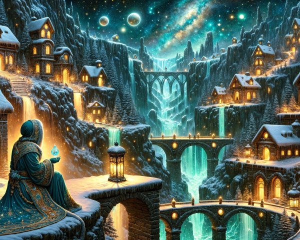 Mystical Winter Landscape with Serene Figure and Village