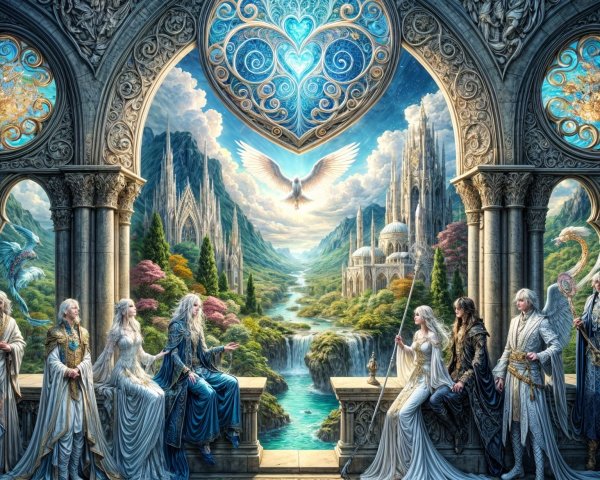 Majestic Hall with Diverse Figures and Scenic Landscape