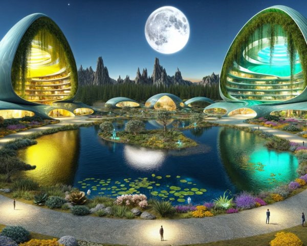 Futuristic landscape with organic architecture and lake