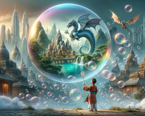 Child in Awe of Giant Bubble with Fantasy Scene