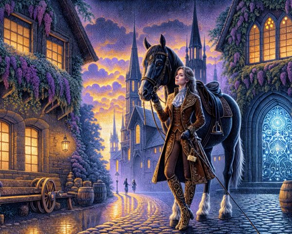 Elegant woman walking horse in charming village at sunset