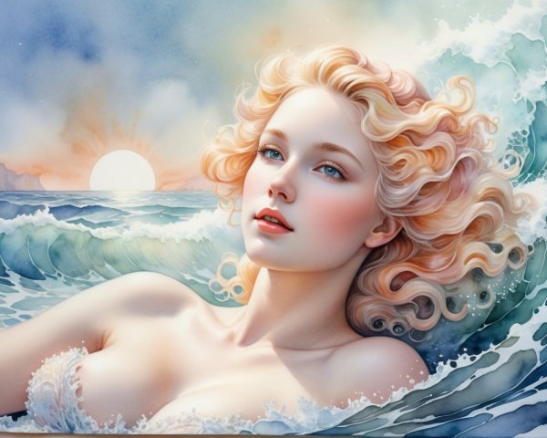 Ethereal Woman Emerging from Ocean Waves at Sunset