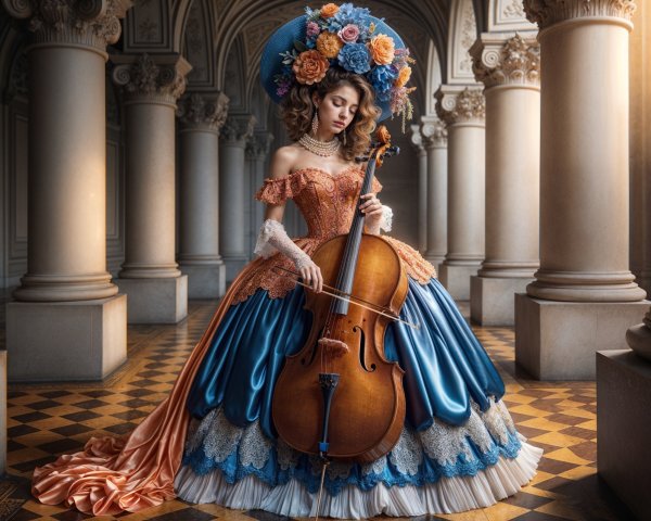 Young Woman in Elegant Gown Playing Cello in Grand Setting