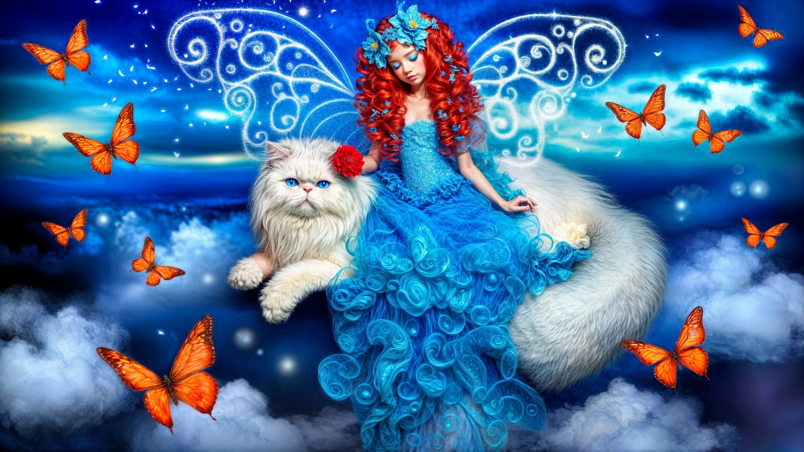 Whimsical Scene of Girl, Cat, and Butterflies