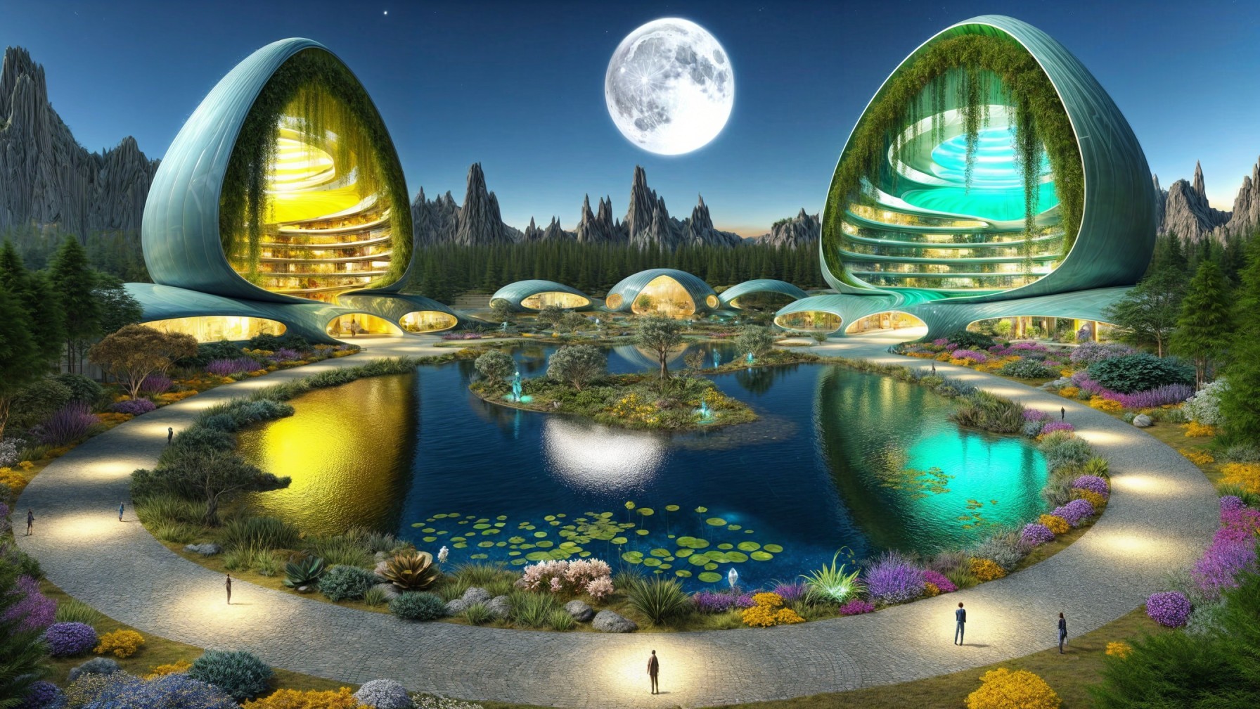 Futuristic landscape with organic architecture and lake
