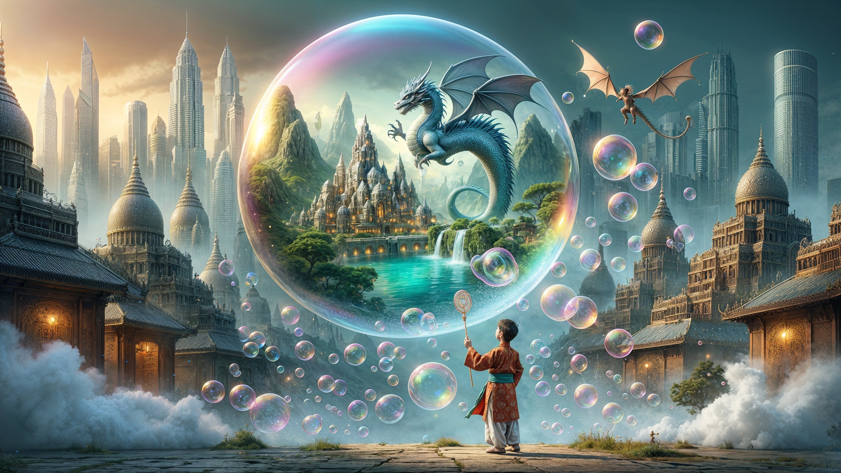 Child in Awe of Giant Bubble with Fantasy Scene
