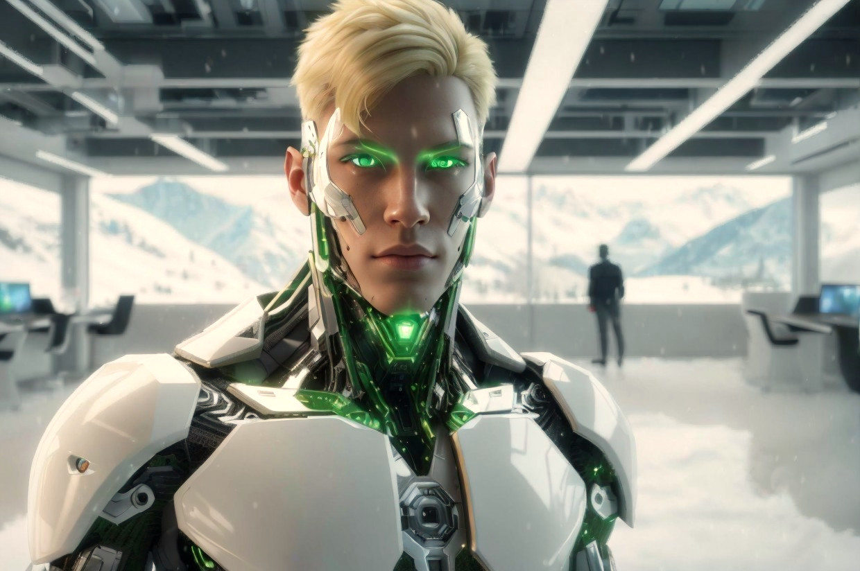 Blond cyborg in advanced white armor with green glowing eyes in futuristic facility