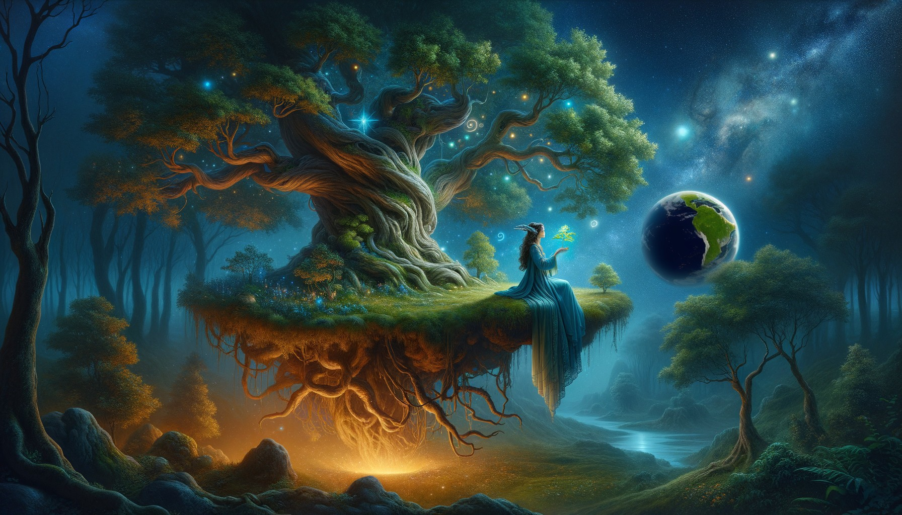 Serene Dreamlike Landscape with Majestic Tree