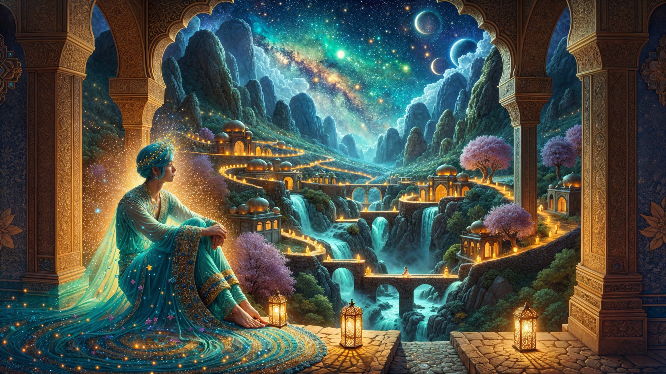 Serene Figure in Blue Amidst Enchanting Landscape