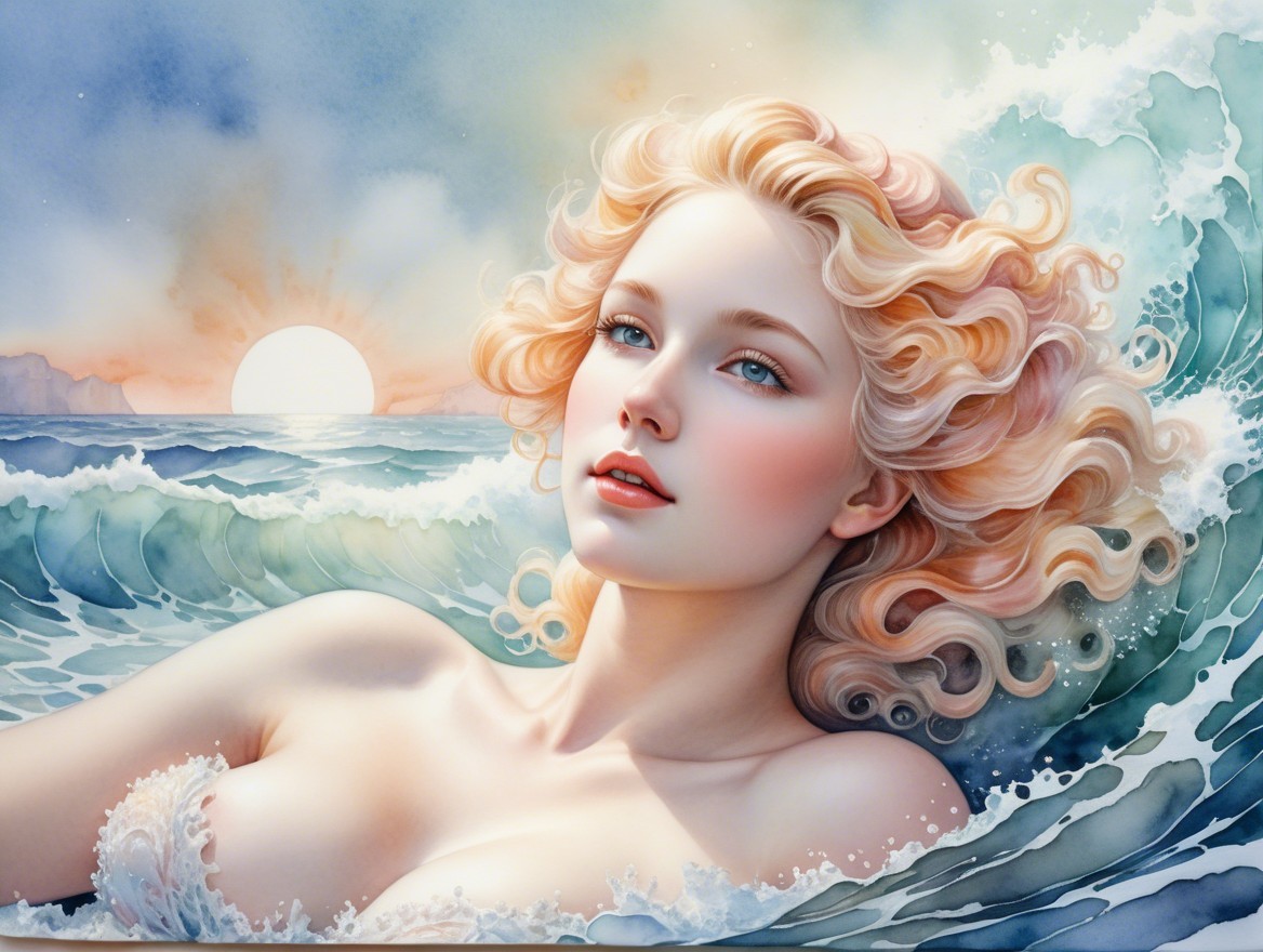 Ethereal Woman Emerging from Ocean Waves at Sunset