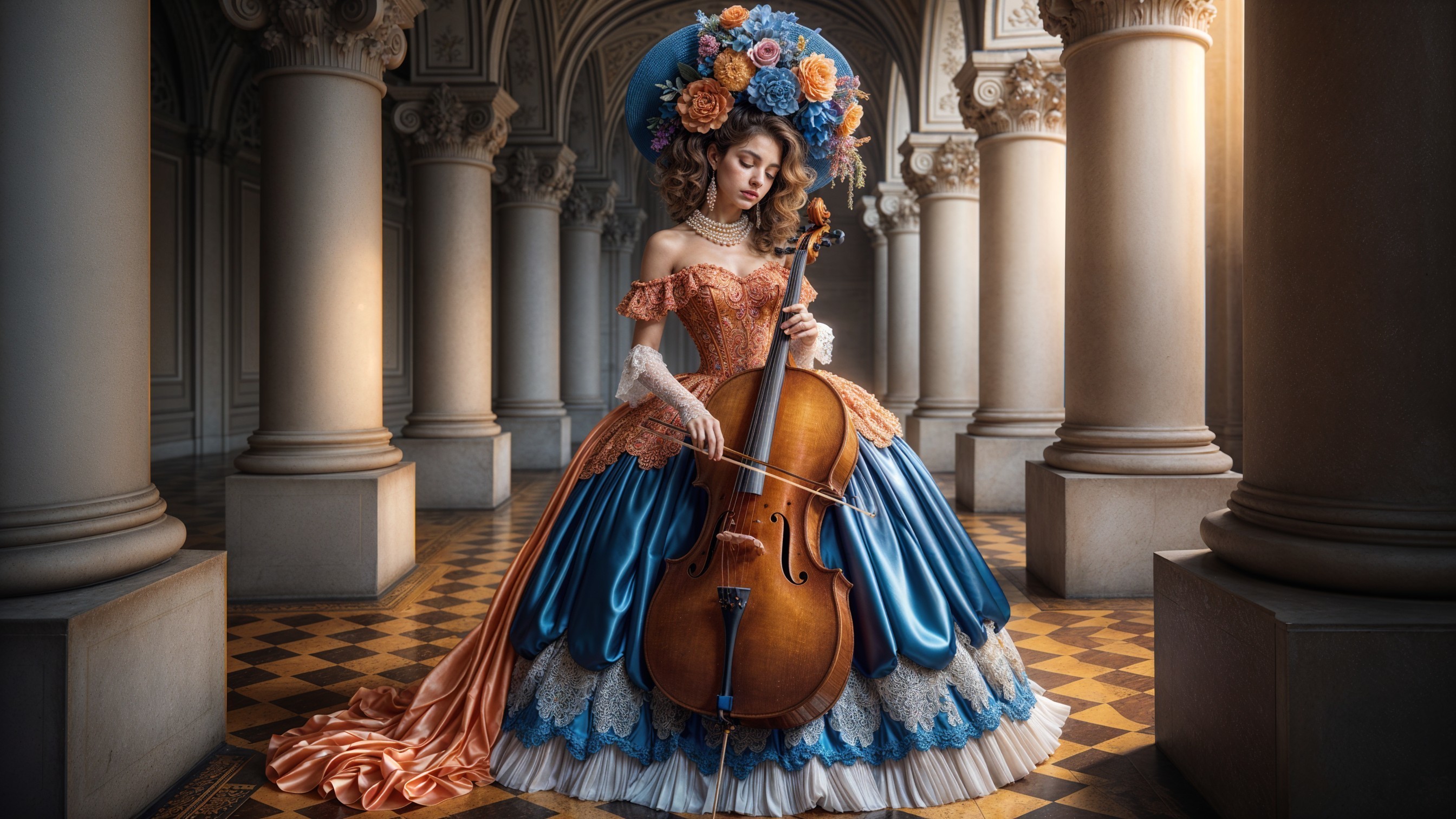 Young Woman in Elegant Gown Playing Cello in Grand Setting