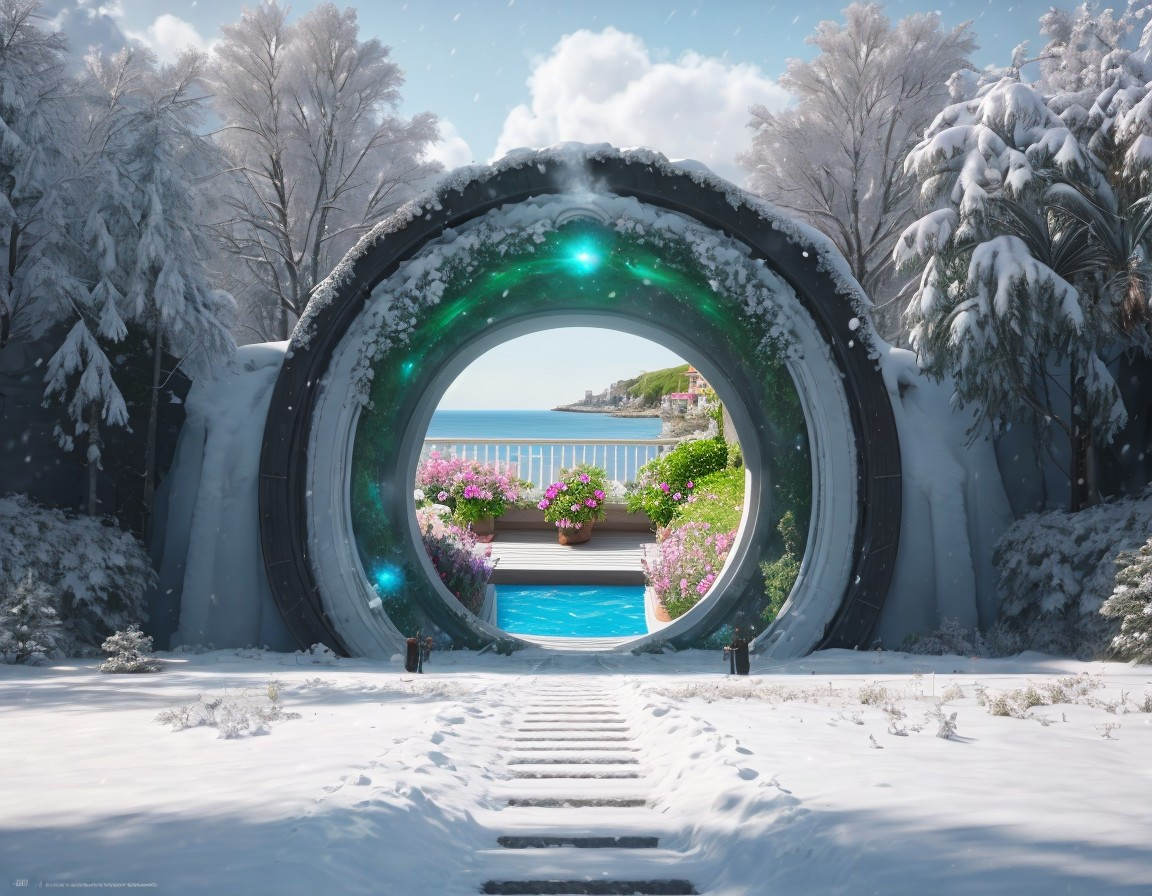 Futuristic snowy portal opens to lush summer landscape