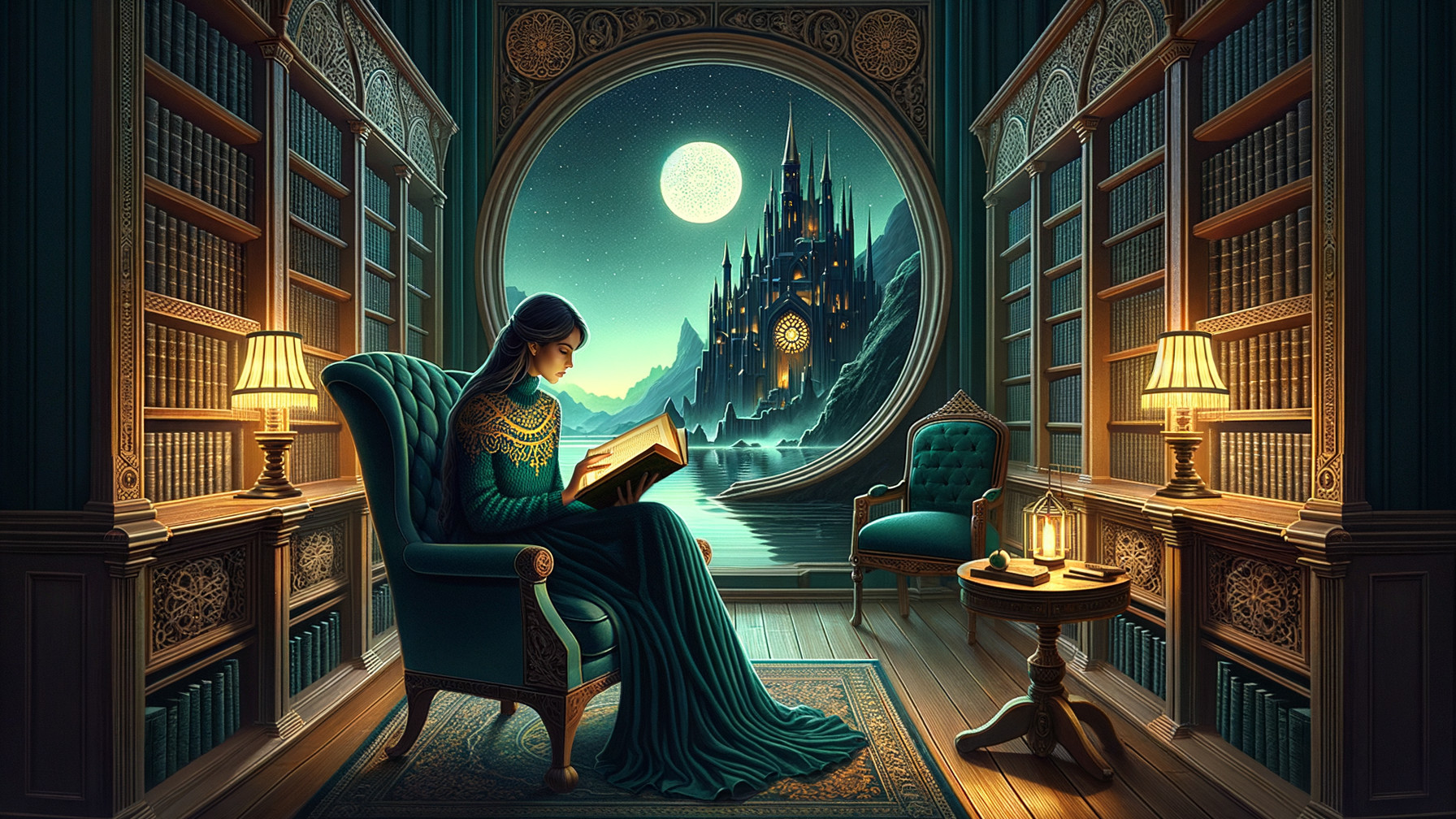 Library Scene with Woman in Teal Gown and Castle