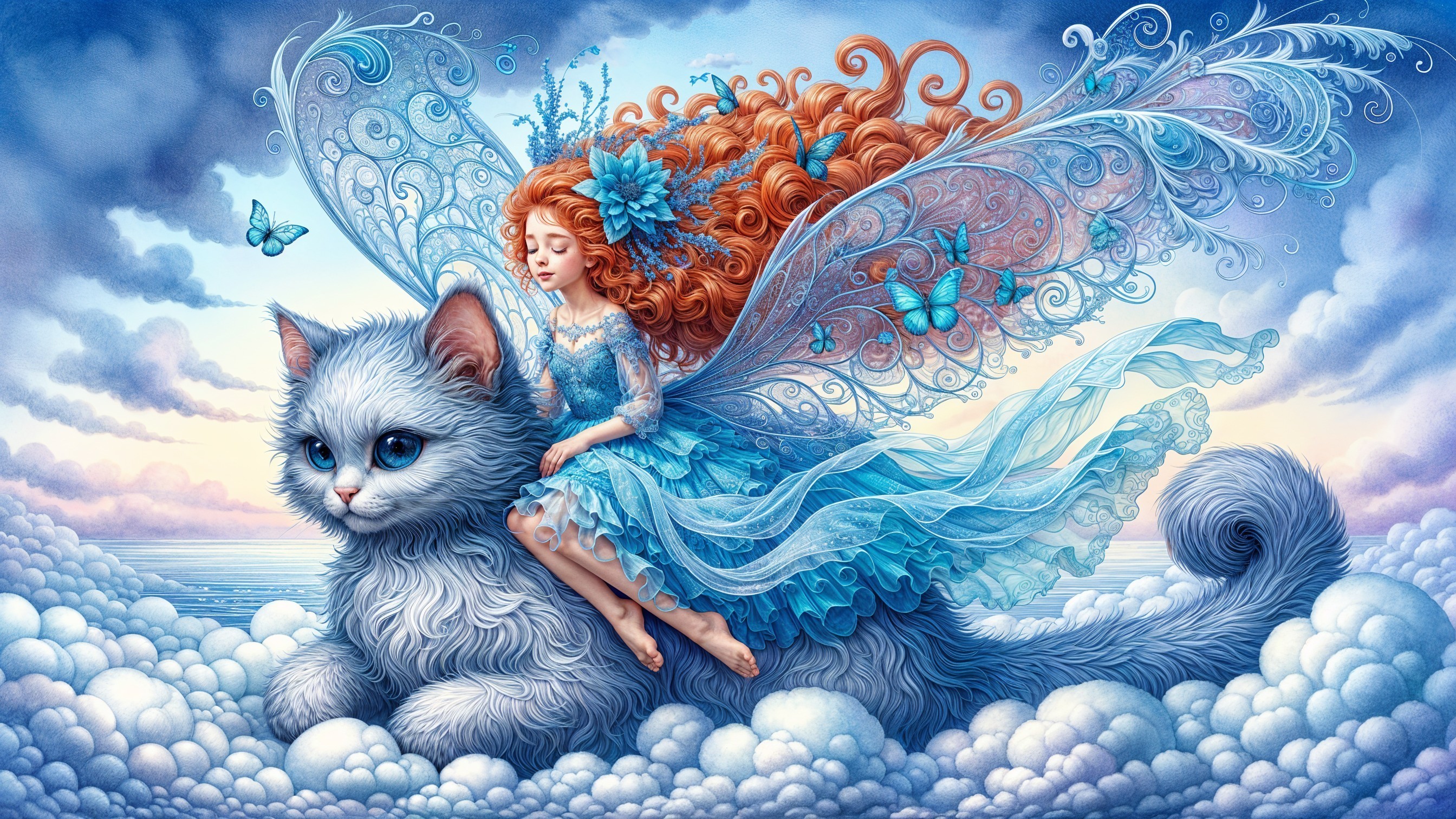 Whimsical Scene of Girl with Butterfly Wings on Cat