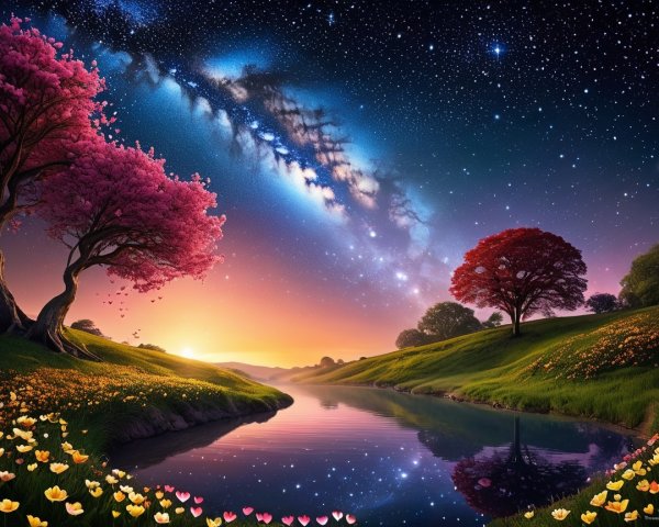Twilight Landscape with River and Cherry Blossoms