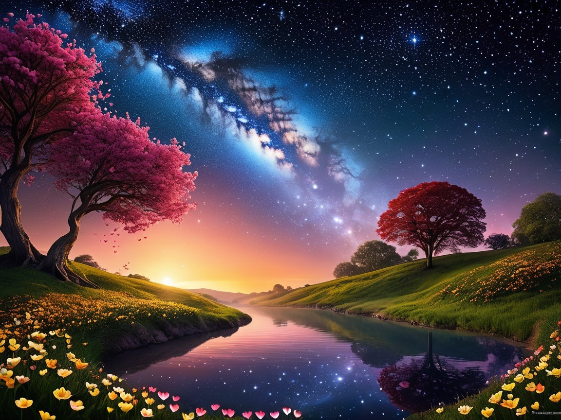 Twilight Landscape with River and Cherry Blossoms