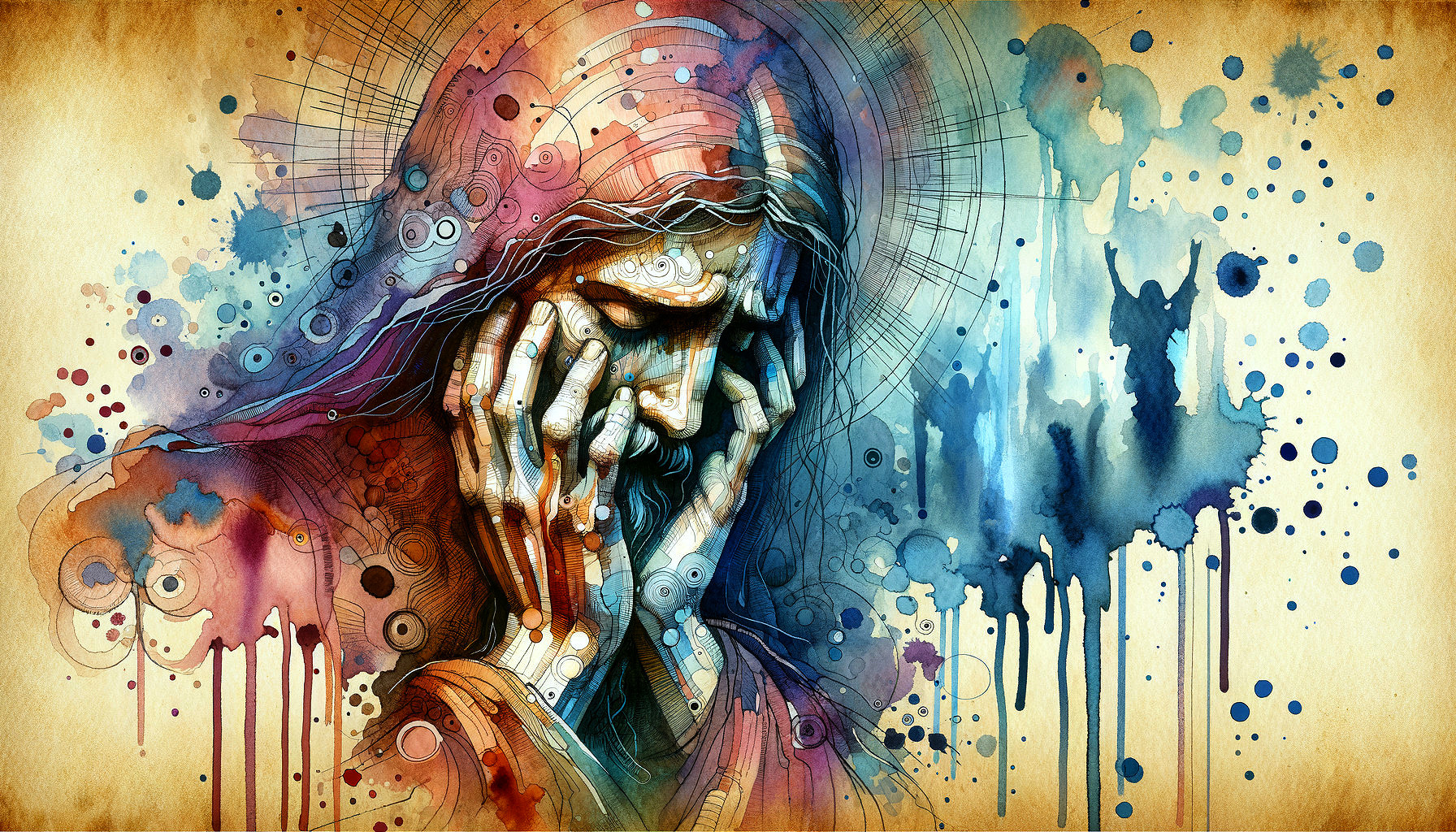 Contemplative Figure Surrounded by Abstract Colors