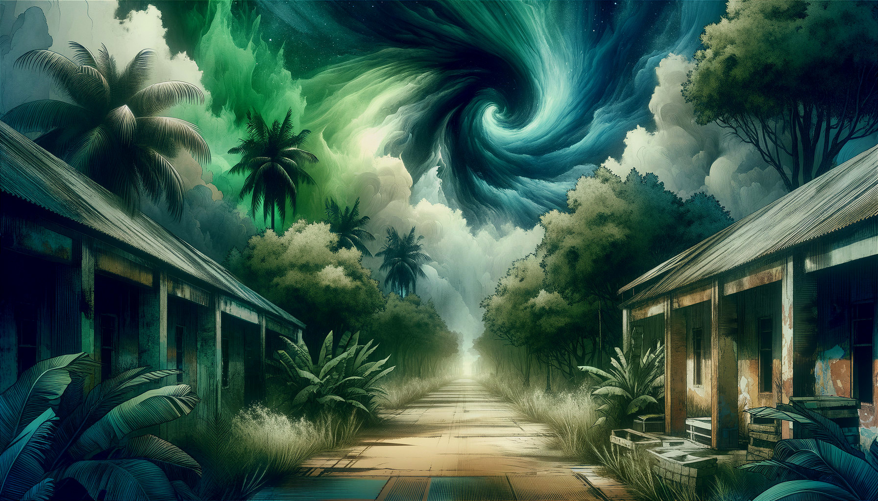 Surreal Tropical Street with Cosmic Sky and Abandoned Buildings