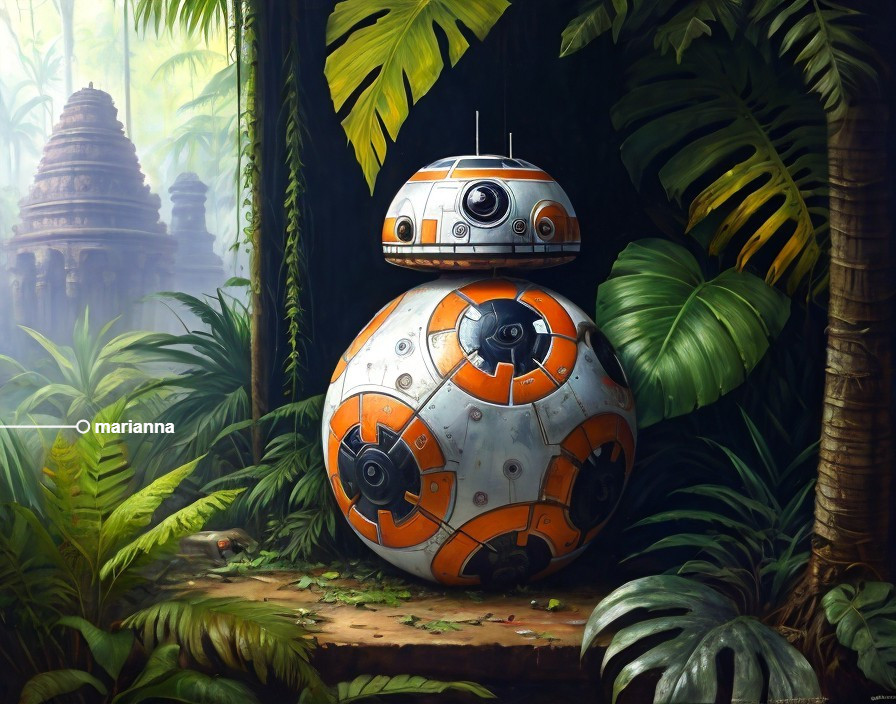Round Orange and White Droid in Jungle with Ruins
