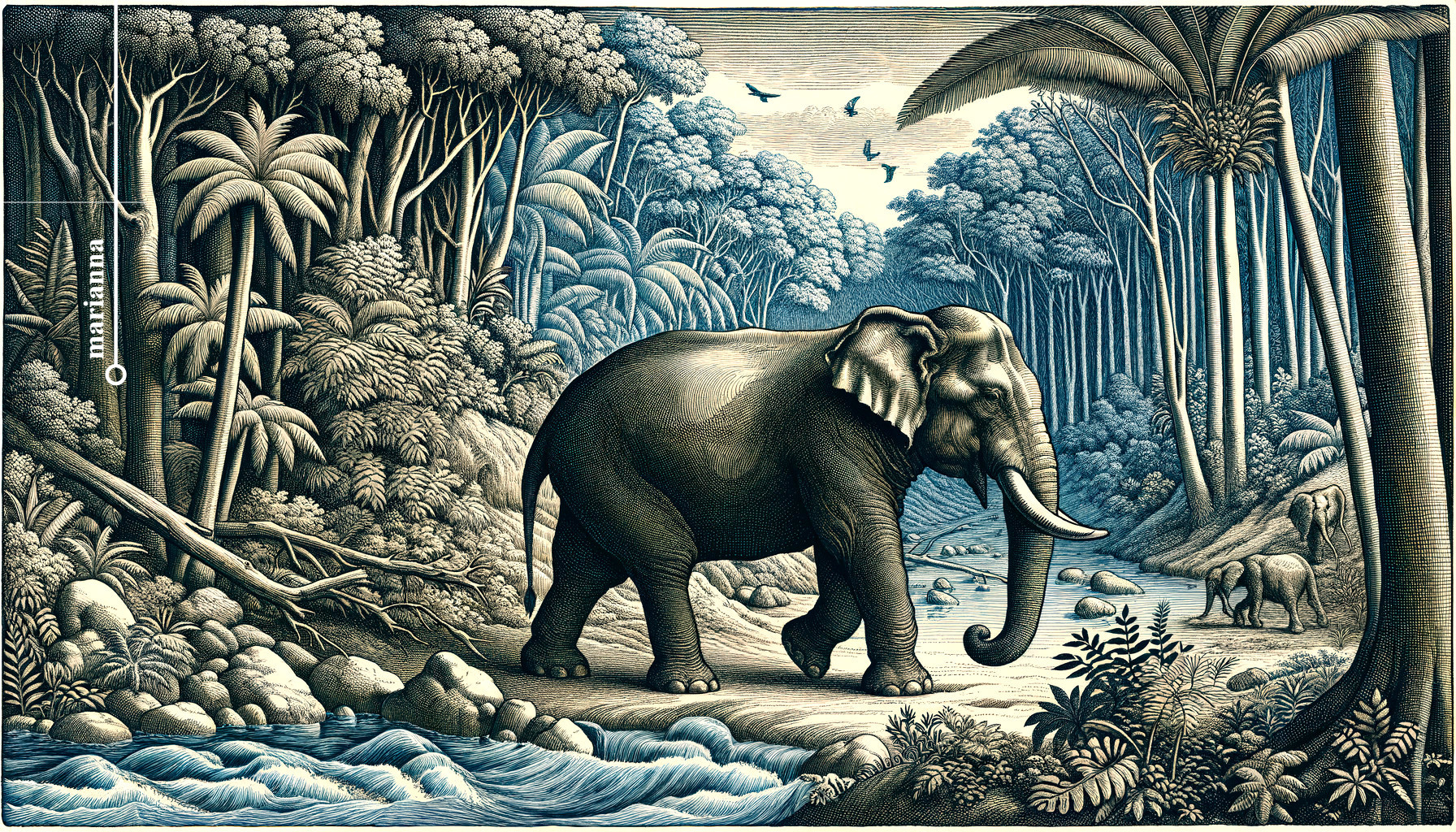 Detailed Elephant Engraving in Forest Setting