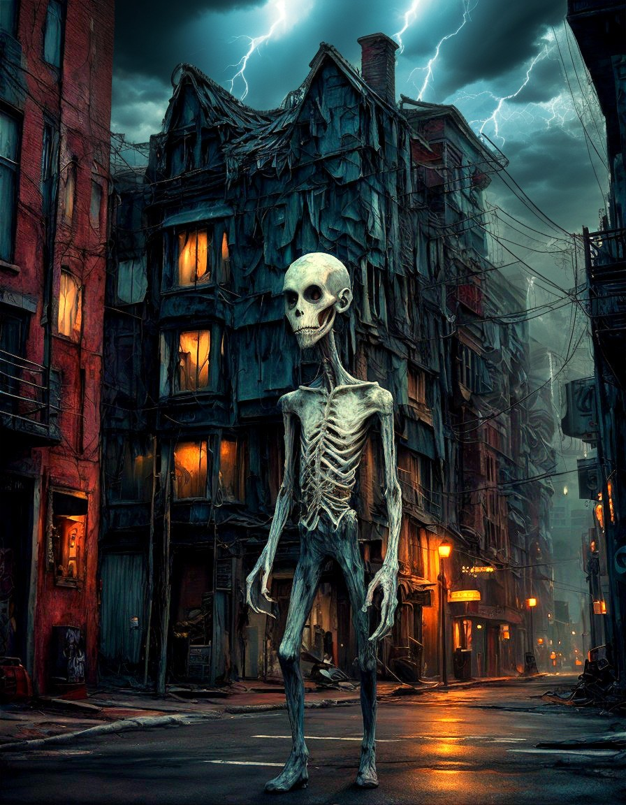 Skeletal figure in eerie alley under stormy sky