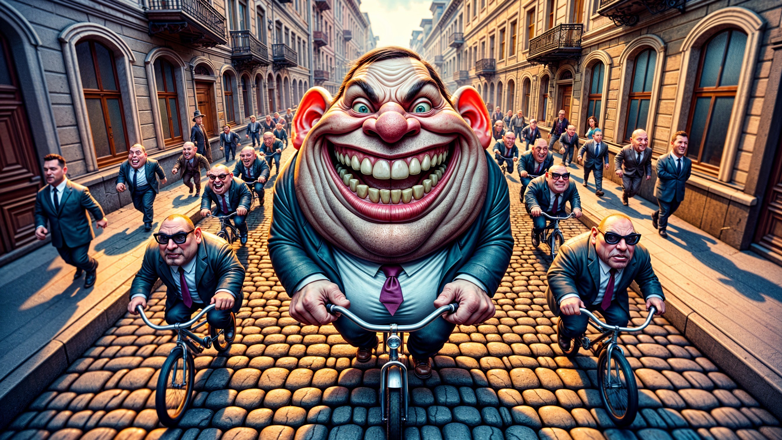 Whimsical Street Scene with Oversized Bicycle Riders