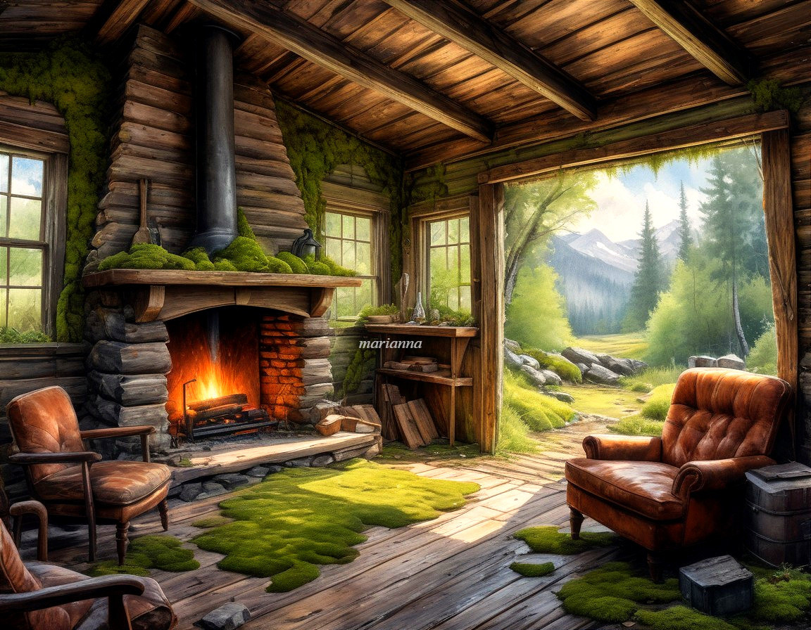 Warm Wooden Cabin Interior with Fireplace and Forest View