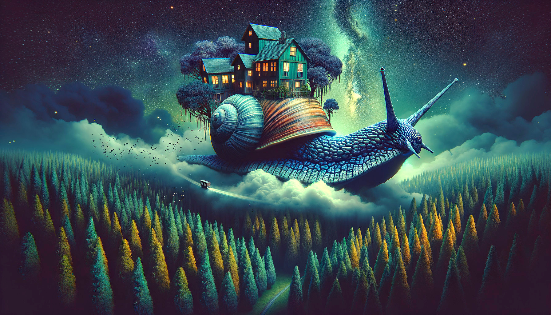 Giant snail with house on shell in misty forest under starry sky