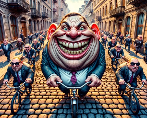 Whimsical Street Scene with Oversized Bicycle Riders
