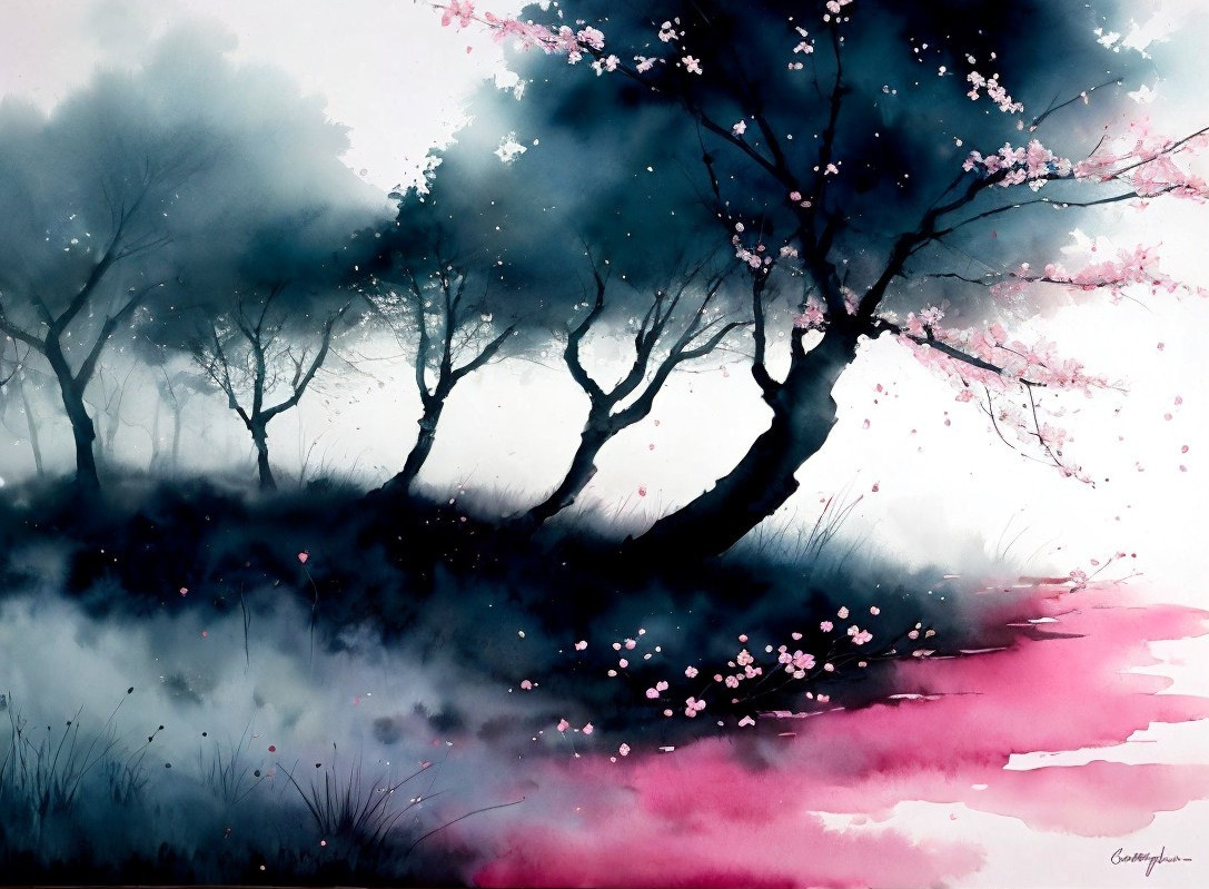 Watercolor Silhouette Trees with Pink Blossoms Landscape