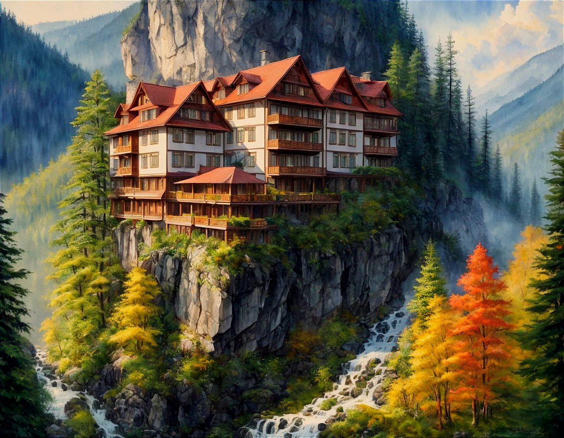 Wooden lodge on cliff with waterfall in misty forest