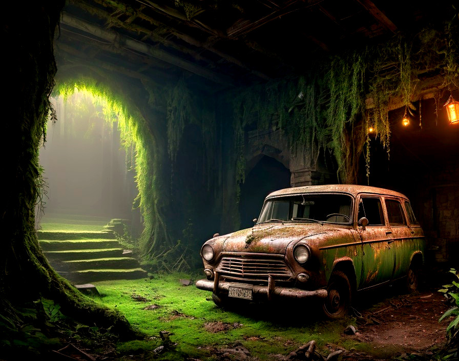 Rusty abandoned car in mystical forest with staircase and glowing light