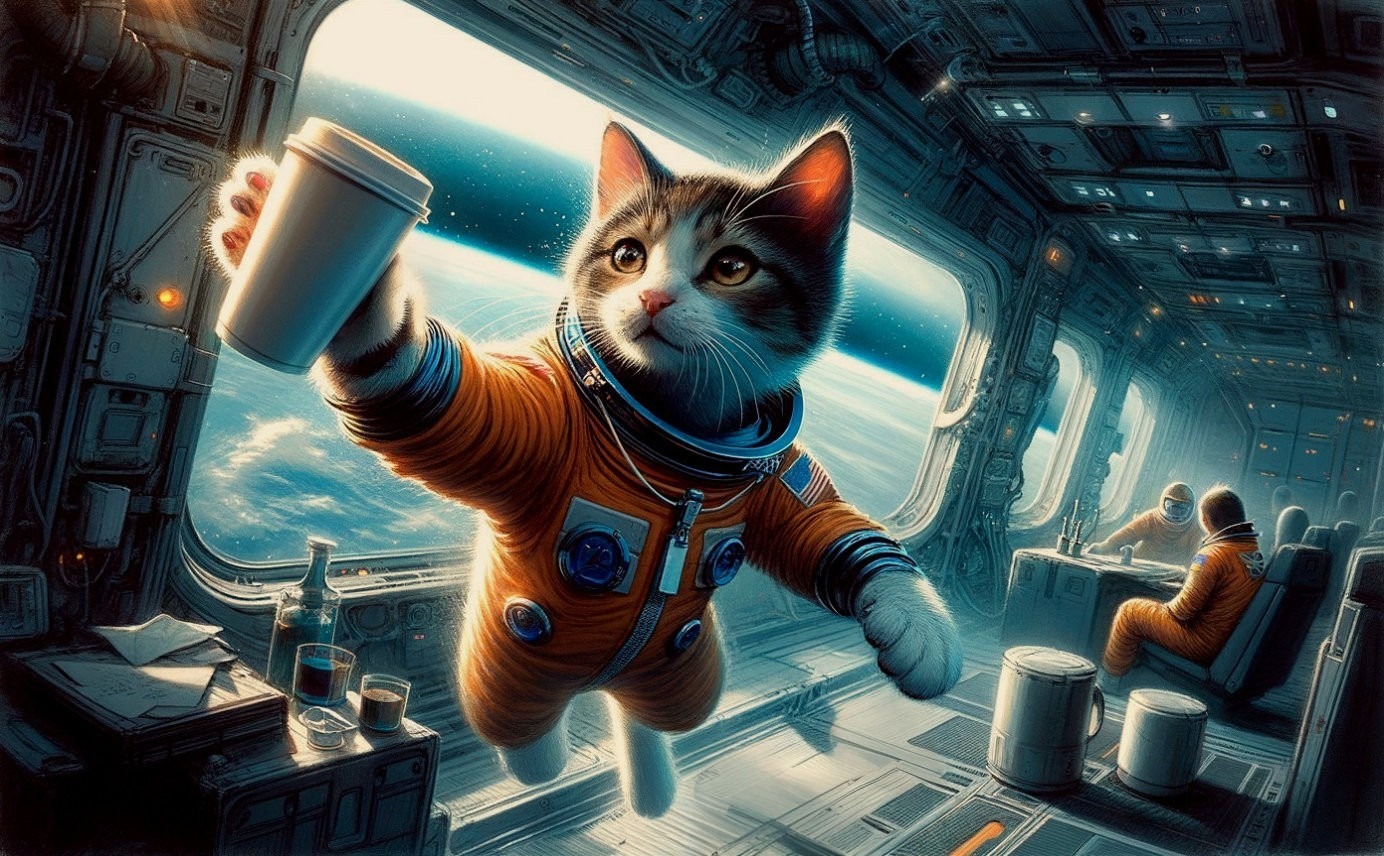Playful Cat in Orange Suit on Space Station with Earth View