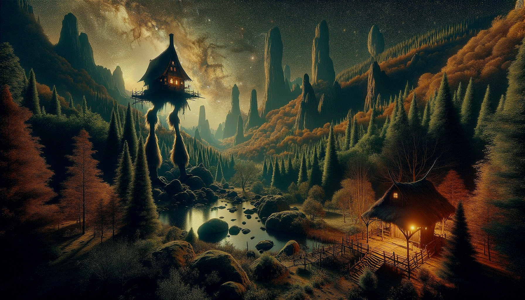 Mystical Landscape with Rock Formations and Treehouse