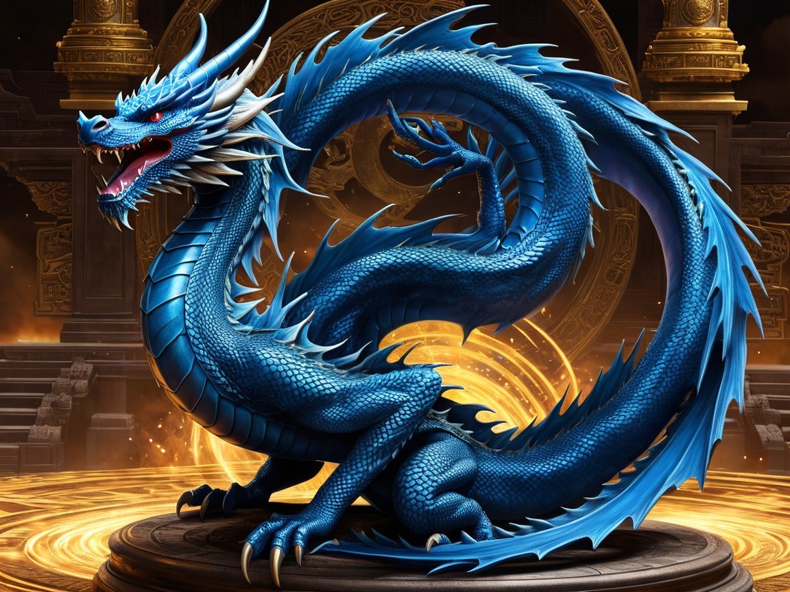 Majestic blue dragon among ancient ruins with aura