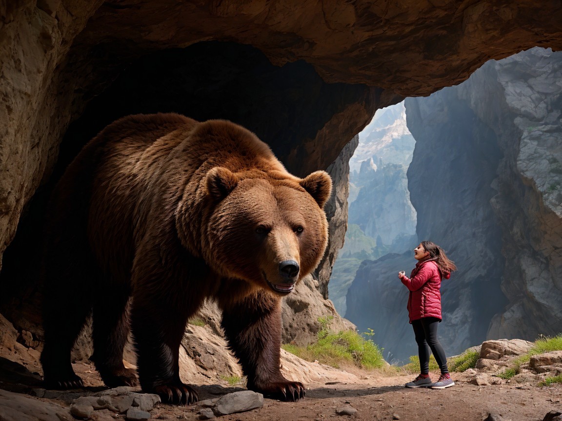 Woman at Cave Entrance Observing Grizzly Bear Outside