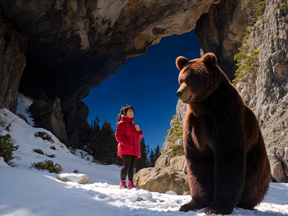 Young Girl in Red Jacket Faces Large Brown Bear