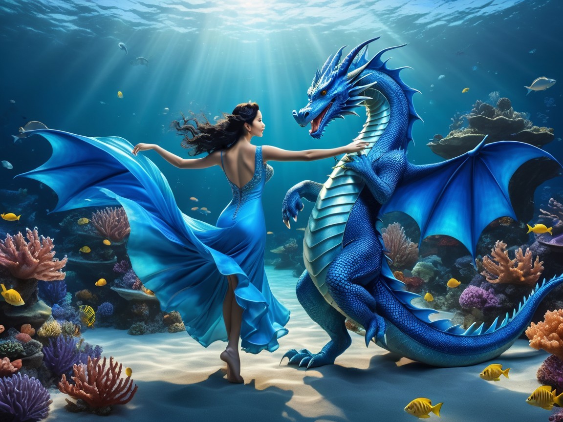 Underwater Dance of a Woman and Blue Dragon