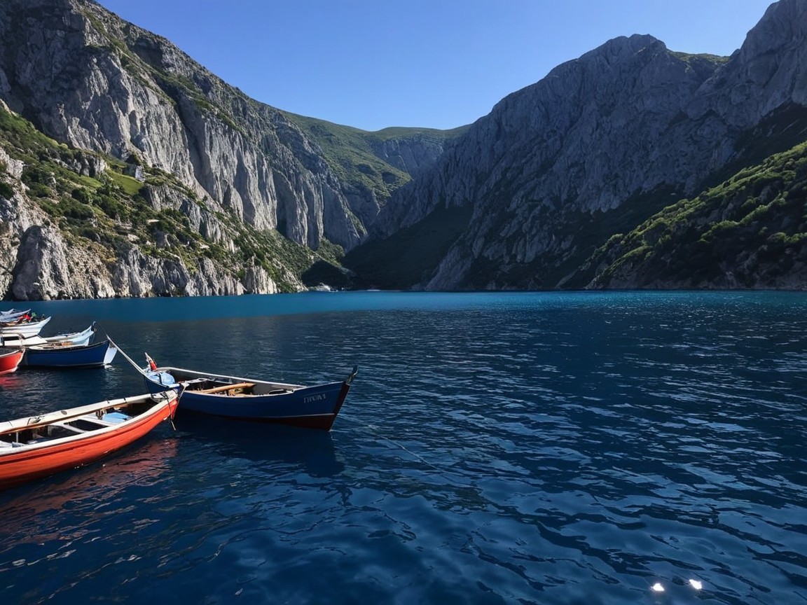 Vibrant Boats in Serene Coastal Landscape with Cliffs