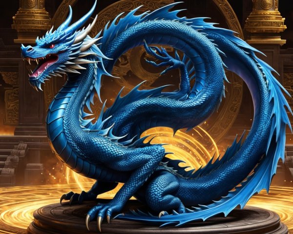 Majestic blue dragon among ancient ruins with aura