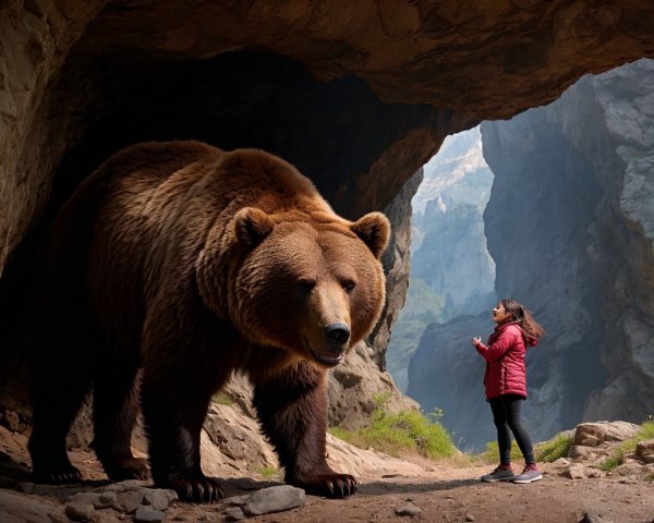 Woman at Cave Entrance Observing Grizzly Bear Outside