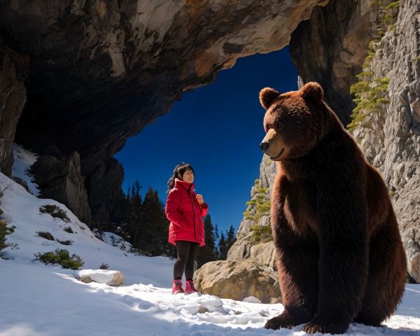 Young Girl in Red Jacket Faces Large Brown Bear