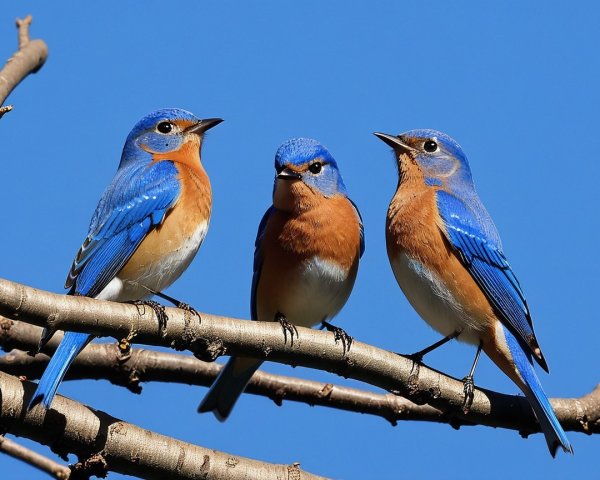 Three Bluebirds on a Tree Branch Against Blue Sky