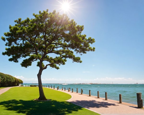 Waterfront Scene with Tree and Winding Path