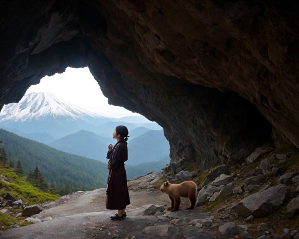 Young girl in traditional outfit at cave entrance with bear