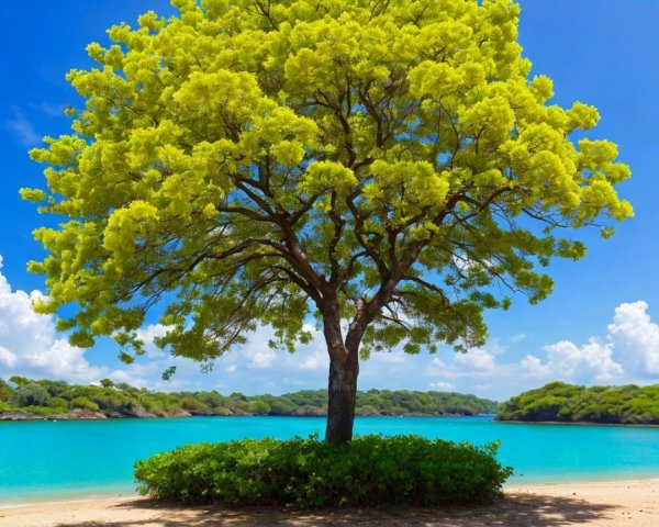 Vibrant Tree by Turquoise Lagoon Under Blue Sky