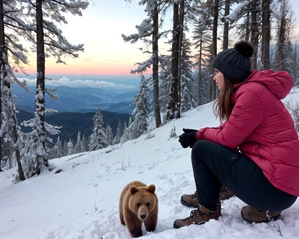 Woman in pink jacket observes brown bear in snow.