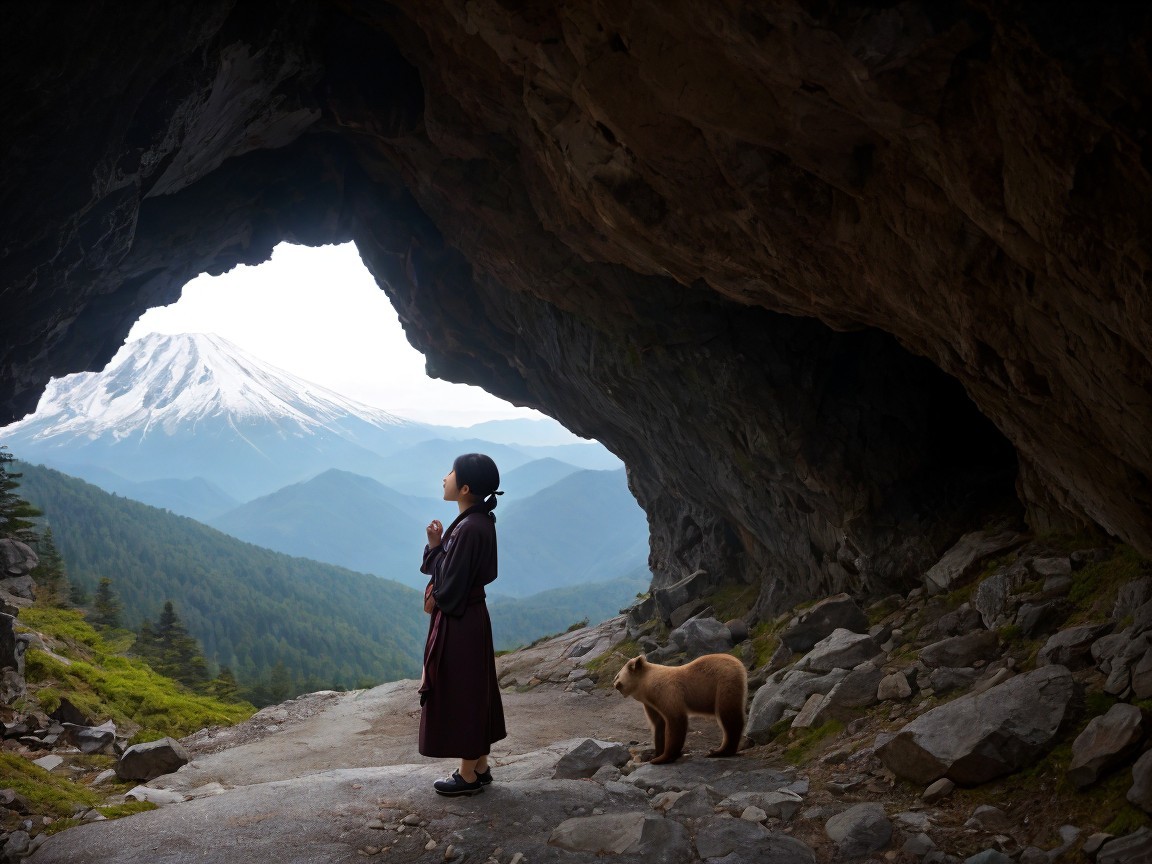 Young girl in traditional outfit at cave entrance with bear