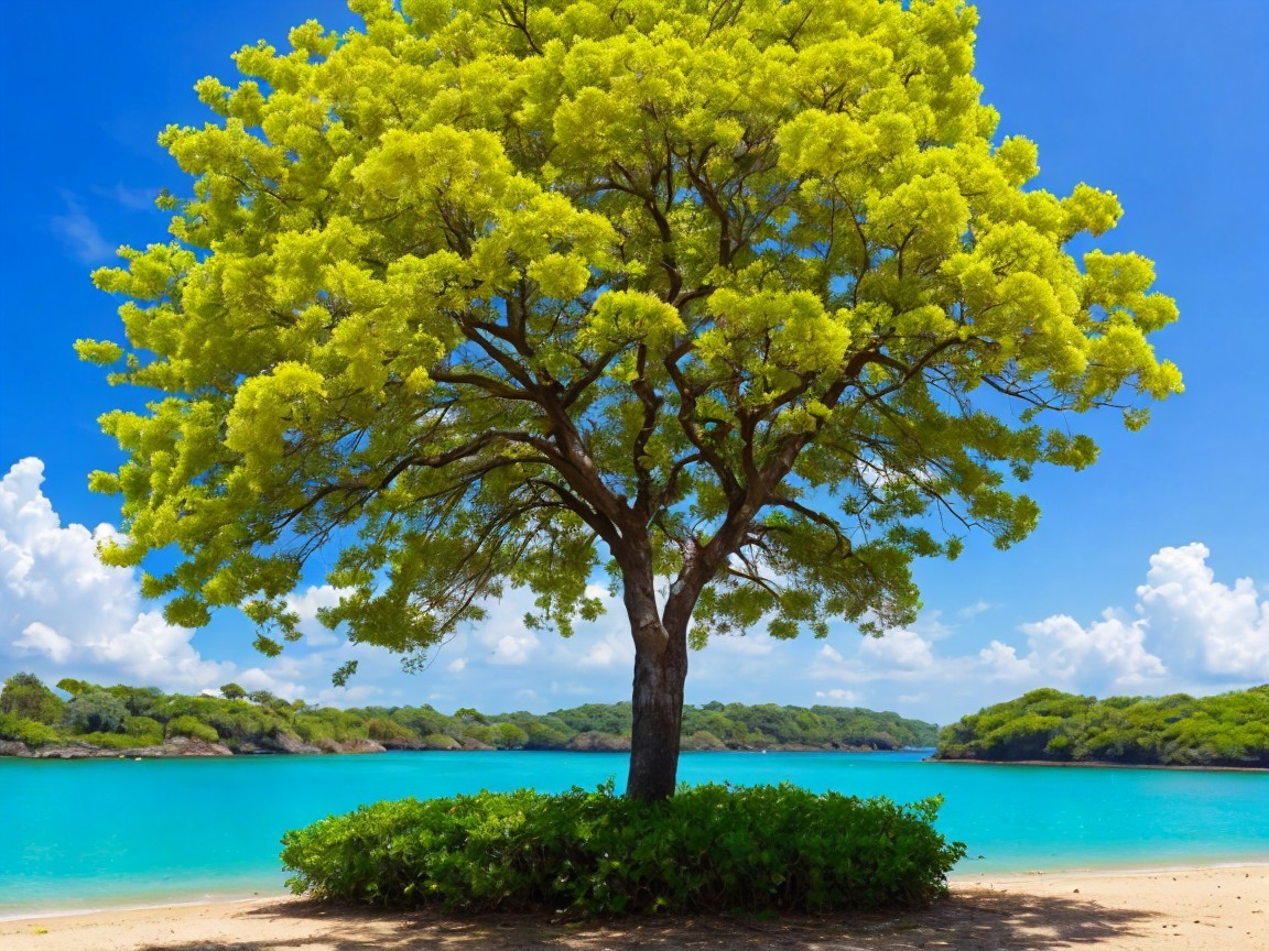 Vibrant Tree by Turquoise Lagoon Under Blue Sky